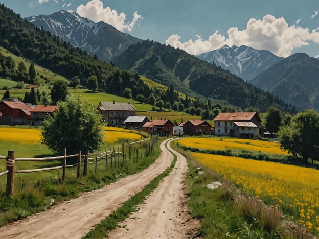 Auf dem Bild ist eine malerische Landschaft mit sanften Hügeln, einem schmalen Weg, der durch ein grünes Feld führt, sowie traditionellen Häusern im Hintergrund und beeindruckenden Bergen im Hintergrund zu sehen.Die besten Reisezeiten für Georgien sind in der Regel von April bis Juni und von September bis November. Während dieser Monate können Reisende milde Temperaturen und eine blühende Natur erwarten, was unabhängig von dieser schönen Landschaft überaus reizvoll ist.