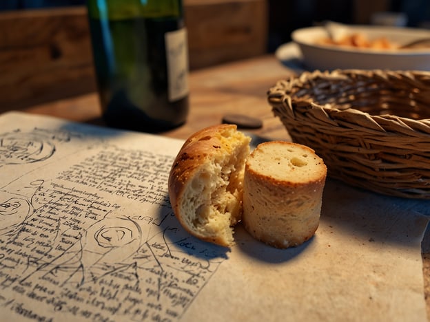 Auf dem Bild ist ein Stück Brot zu sehen, das an eine georgische Spezialität erinnert. In Georgien ist Brot, insbesondere das traditionelle Chachapuri, ein wichtiger Bestandteil der Küche. Das frisch gebackene Brot wird häufig in geselligen Runden serviert und ist ein Symbol für Gastfreundschaft.Zusätzlich könnte die Flasche im Hintergrund auf die Tradition des Weinanbaus in Georgien hinweisen, wo Wein eine zentrale Rolle bei festlichen Mahlzeiten spielt. Die georgische Küche ist bekannt für ihre vielfältigen und herzhaften Gerichte, die oft in Kombination mit Brot und Wein genossen werden, was den Genuss eines kulinarischen Erlebnisses in dieser Region komplett macht.