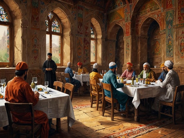 Auf dem Bild ist eine Gruppe von Menschen in einem historisch anmutenden Raum zu sehen, der durch eindrucksvolle Gartenfenster und dekorative Wandmalereien gekennzeichnet ist. Die Anordnung der Tische und die Art, wie die Personen sitzen, lässt darauf schließen, dass es sich um ein gemeinsames Mahl handelt, das wahrscheinlich eine bedeutende kulturelle oder religiöse Tradition widerspiegelt.In vielen Kulturen ist das gemeinsame Essen ein zentraler Bestandteil des sozialen Lebens. In der arabischen Tradition etwa ist das Teilen von Mahlzeiten ein Zeichen von Gastfreundschaft und Gemeinschaft. Oftmals wird bei solchen Gelegenheiten eine Hauptperson oder ein Gastgeber geehrt, der das Wort ergreift, was in diesem Bild durch die Person im Vordergrund symbolisiert wird.Die Kleidungsstile und Hüte der abgebildeten Personen könnten auf eine bestimmte Zeit oder Region hinweisen, was ebenso kulturelle Unterschiede verdeutlicht. In ähnlicher Weise spielen Tischmanieren und die Art des Servierens in verschiedenen Kulturen eine wichtige Rolle, wobei viele traditionellere Gesellschaften Wert auf bestimmte Rituale und Protokolle legen, die beim gemeinsamen Essen beachtet werden.Insgesamt zeigt das Bild nicht nur eine Szene des Essens, sondern auch den Austausch von Traditionen, Werten und Gemeinschaftsgefühl, die in vielen Kulturen von großer Bedeutung sind.