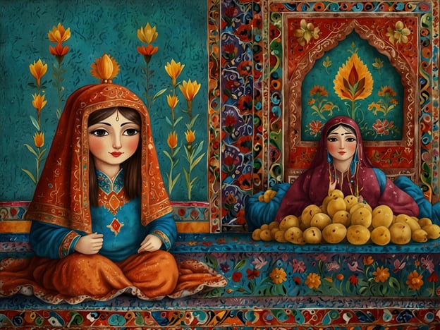 Auf dem Bild sind zwei Frauen dargestellt, die traditionell gekleidet sind und kulturelle Elemente ihrer Herkunft repräsentieren. Die figuren tragen bunte, folkloristische Kleidung, die reich verziert ist, und ihre Gesichter strahlen eine sanfte Anmut aus.Der Hintergrund ist mit floralen Mustern und kräftigen Farben gestaltet, die oft in der Kunst des Nahen Ostens und Zentralasiens zu finden sind. Diese Ornamente können Symbole für Fruchtbarkeit und Naturverbundenheit darstellen, die in vielen Kulturen eine wichtige Rolle spielen.Die Frauen scheinen hierbei in unterschiedlichen, aber harmonischen Aktivitäten beschäftigt zu sein. Die eine sitzt meditativ und scheint tief in Gedanken versunken zu sein, während die andere einen Haufen von Früchten, möglicherweise Äpfel oder Birnen, präsentiert. Dies könnte eine Anspielung auf die Bedeutung der Landwirtschaft und der Jahreszeiten in der Kultur sein, sowie auf den Wohlstand, den die Ernte symbolisiert.Zusammen verkörpern die Elemente des Bildes eine tiefe Verbindung zu den Traditionen, der Spiritualität und dem alltäglichen Leben. Die Farben und Muster sind nicht nur eine ästhetische Wahl, sondern auch ein Ausdruck der kulturellen Identität und der Geschichte der Region.
