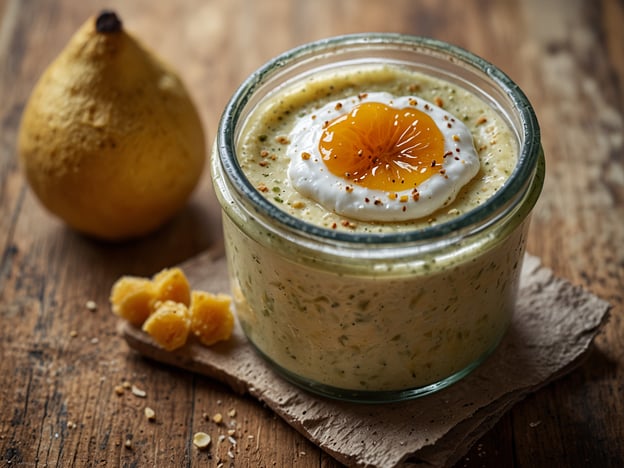 Auf dem Bild ist ein Glas mit einer cremigen Speise zu sehen, die möglicherweise eine Art Pudding oder eine süße Nachspeise ist. Sie ist mit einem Stück frischem Eigelb und Sahne dekoriert, was auf eine reichhaltige und geschmackvolle Zubereitung hinweist. Daneben liegt eine gelbe Frucht, die einer Birne ähnelt, sowie einige kleine Stücke von einer anderen Zutat, die möglicherweise getrocknete Aprikosen oder eine andere süße Komponente sind.In der Vielfalt der aserbaidschanischen Küche findet man solche Desserts, die oft reichhaltig und aromatisch sind. Aserbaidschanische Süßspeisen zeichnen sich durch die Verwendung von frischen Zutaten, Nüssen und Früchten aus und schaffen ein harmonisches Zusammenspiel von Aromen, das sowohl die Tradition als auch die Gastfreundschaft des Landes widerspiegelt. Die Kombination aus cremigen Texturen und fruchtiger Frische macht diese Art von Gericht zu einem wunderbaren kulinarischen Erlebnis.