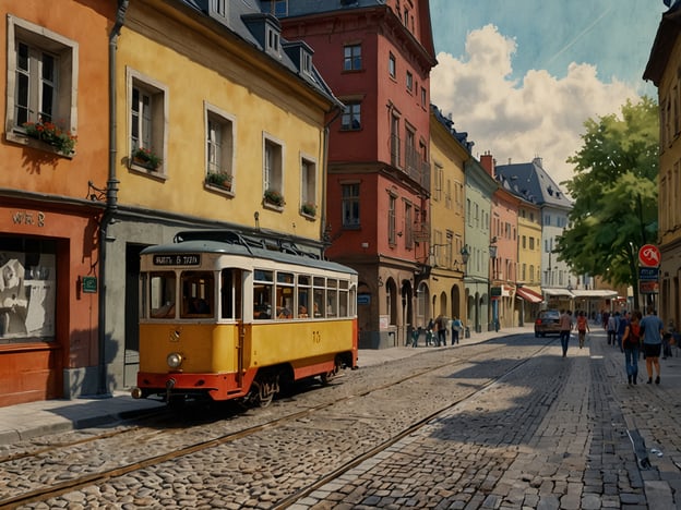 Auf dem Bild ist eine malerische Stadtstraße mit einer Straßenbahn zu sehen. Die Straßenbahn ist gelb und hat ein nostalgisches Design. Die Umgebung besteht aus bunten Häusern mit Blumenfenstern, die eine lebendige Atmosphäre schaffen. Es gibt Menschen, die auf dem Bürgersteig spazieren, sowie ein paar Autos, die die Straße entlangfahren. Die Szenerie wird von einem blauen Himmel mit einigen Wolken ergänzt, was zu einem einladenden Eindruck beiträgt.**Fazit:** Das Bild vermittelt ein Gefühl von Ruhe und Idylle in einer charmanten Stadt, wo alte Architektur und moderne Elemente harmonisch zusammenkommen.