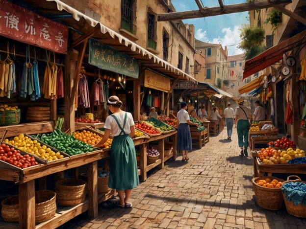 Auf dem Bild sieht man einen lebhaften Markt mit verschiedenen Ständen, die frisches Obst und Gemüse anbieten. Die Marktstände sind aus Holz und prall gefüllt mit bunten Früchten wie Tomaten, Orangen, grünen Paprika und anderen Gemüsesorten. Die Atmosphäre ist warm und einladend, während Menschen in traditionellen Kleidern durch die Gassen schlendern und die Angebote bewundern. Die Marktstände sind liebevoll dekoriert und erzeugen ein Gefühl von Gemeinschaft und Tradition. Es scheint ein Ort zu sein, wo frische Produkte direkt vom Erzeuger angeboten werden, und man spürt das lebendige Treiben eines Markttages.