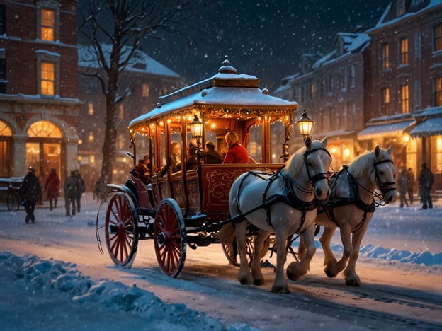 Auf dem Bild ist eine winterliche Szene mit einer festlich geschmückten Pferdekutsche zu sehen, die durch eine schneebedeckte Straße fährt. Die Kutsche ist beleuchtet und trägt Menschen, die anscheinend eine gemütliche Fahrt genießen. Rundherum sind schneebedeckte Gebäude und Menschen in warmer Kleidung, die die winterliche Atmosphäre genießen. Diese Szene bietet zahlreiche Aktivitäten für Groß und Klein, wie zum Beispiel:1. **Pferdeschlittenfahrten**: Eine tolle Möglichkeit, die winterliche Umgebung zu erkunden.2. **Winterspaziergänge**: Die schneebedeckte Landschaft lädt zu Spaziergängen ein.3. **Weihnachtsmärkte besuchen**: Die festliche Beleuchtung und die Menschen erzeugen eine einladende Atmosphäre für Märkte.4. **Heiße Getränke genießen**: Nach einer Runde im Freien kann man sich mit heißem Kakao oder Glühwein aufwärmen.Insgesamt vermittelt das Bild ein Gefühl von Gemütlichkeit und festlicher Stimmung im Winter.