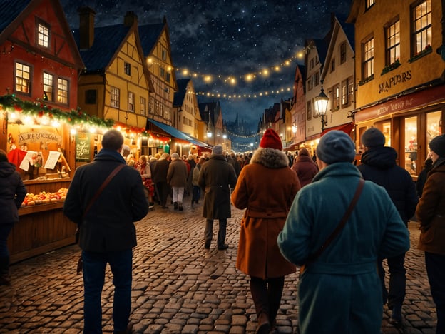 Auf dem Bild ist eine festliche Szene zu sehen, die vermutlich während eines Weihnachtsmarktes aufgenommen wurde. Besondere Events und Höhepunkte dieser Umgebung könnten folgende Aspekte umfassen:1. **Weihnachtslichter und Dekoration**: Die bunten Lichter, die die Straße säumen, schaffen eine besondere Atmosphäre und ziehen die Besucher an.2. **Stände mit handgemachten Waren**: Es gibt Stände, an denen verschiedene Produkte angeboten werden, was ein typisches Merkmal von Weihnachtsmärkten ist, wo sich oft lokale Handwerker präsentieren.3. **Lebhafte Menschenmenge**: Die Vielzahl an Menschen, die in warmen Kleidern erscheinen, deutet auf eine lebendige und gesellige Stimmung hin, die dieser Veranstaltung eigen ist.4. **Kulinarische Köstlichkeiten**: Die Auslagen könnten verschiedene saisonale Leckereien wie Glühwein, gebrannte Mandeln oder Weihnachtsgebäck zeigen, die die Besucher genießen.5. **Nachtstimmung**: Die Dunkelheit, die durch die beleuchteten Stände und die Sterne am Himmel aufgehellt wird, verleiht der Szene eine besonders magische Note.Insgesamt vermittelt das Bild ein Gefühl von Wärme, Gemeinschaft und Festlichkeit, das für diese besondere Jahreszeit typisch ist.