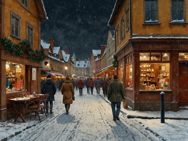 Auf dem Bild ist eine winterliche Szene zu sehen, die eine charmante Straße zeigt, die mit Schnee bedeckt ist. Die Häuser auf der linken und rechten Seite wirken einladend und sind mit weihnachtlicher Dekoration geschmückt. Menschen schlendern durch die Straße, und einige befinden sich in der Nähe von Geschäften, die wahrscheinlich lokale Produkte anbieten.**Praktische Tipps für Deinen Besuch:**1. **Kleidung**: Trink dir warme Kleidung an, da es schneit und die Temperaturen niedrig sein könnten. Ein dicker Mantel, Schal, Mütze und warme Stiefel sind empfehlenswert.2. **Zeitplanung**: Besuche die Gegend in den frühen Abendstunden, wenn die Lichter schön leuchten und eine festliche Atmosphäre schaffen.3. **Essen und Trinken**: Probiere lokale Spezialitäten oder heiße Getränke in den gemütlichen Cafés und Restaurants.4. **Fotografie**: Halte deine Kamera bereit! Die festliche Umgebung bietet hervorragende Fotomöglichkeiten.5. **Einkaufen**: Nutze die Gelegenheit, handgemachte Geschenke oder lokale Produkte zu kaufen. Frage nach speziellen Angeboten oder saisonalen Produkten.6. **Kurze Stopps**: Plane Pausen ein, um die Winterlandschaft zu genießen und dich in den Geschäften umzusehen.