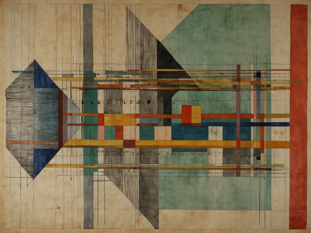 Das Bild zeigt eine abstrakte Komposition, die charakteristische Merkmale des Bauhaus-Stils aufweist. Es sind geometrische Formen und kräftige Farben zu erkennen, die durch klare Linien strukturiert werden. Diese Art der Gestaltung spiegelt die Grundprinzipien des Bauhauses wider, das 1919 von Walter Gropius gegründet wurde und darauf abzielte, Kunst und Handwerk zu vereinen.Das Bauhaus Museum in Weimar, das 2019 eröffnet wurde, präsentiert eine umfangreiche Sammlung von Arbeiten, die die Entwicklungen des Bauhauses dokumentieren. Es ist ein wichtiger Ort für die Auseinandersetzung mit der Geschichte und dem Einfluss des Bauhauses auf Architektur, Design und Kunst bis heute. In dieser Umgebung könnte dieses Bild gut platziert sein, da es die innovative und experimentelle Natur belegt, die das Bauhaus geprägt hat.