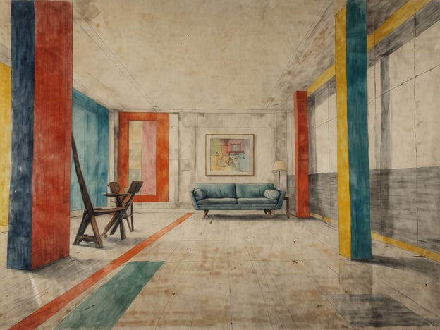 Auf dem Bild ist eine Innenraumansicht zu sehen, die stark an die Prinzipien des Bauhaus-Stils angelehnt ist. Die Verwendung von klaren Linien und geometrischen Formen wird durch die bunten vertikalen Säulen in Rot, Blau, Gelb und Grün unterstrichen. Diese Farben verleihen dem Raum Lebendigkeit und Struktur.Das Möbelstück, ein hellblaues Sofa, steht im Kontrast zu den kräftigen Farben der Wände und Säulen. Der Raum ist auf Funktionalität und Minimalismus ausgelegt, typisches Merkmal der Bauhaus-Architektur, die darauf abzielt, Kunst und Handwerk zu vereinen. Die Kombination von Farben und Formen schafft eine harmonische und gleichzeitig dynamische Atmosphäre, die den Einfluss des Bauhaus auf modernes Design widerspiegelt.