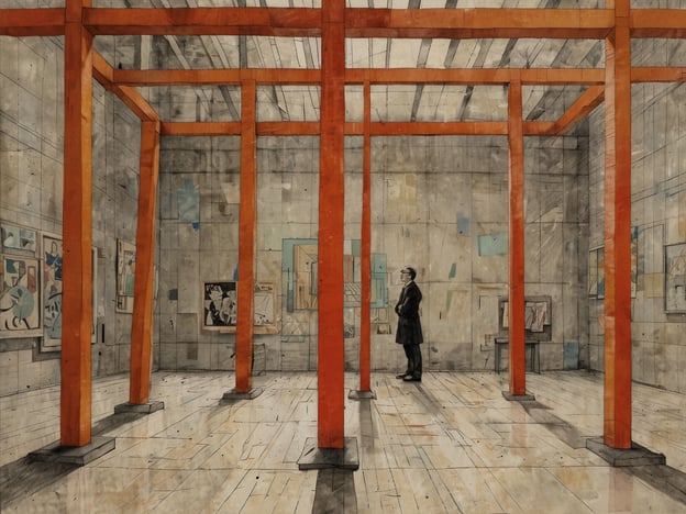 Auf dem Bild ist eine skizzenhafte Darstellung eines Ausstellungsraums zu sehen, der an die Architektur des Bauhauses erinnert. Die orangefarbenen Säulen und die klaren Linien sind charakteristisch für den Bauhaus-Stil, der Funktionalität und Ästhetik vereint.Im Rahmen der Ausstellungen im Bauhaus Museum Weimar könnten in einem solchen Raum verschiedene Werke von Künstlern und Designern des Bauhauses präsentiert werden. Die dargestellten Bilder an den Wänden könnten Arbeiten aus Malerei, Grafik oder Design zeigen, die die Vielfalt und den innovativen Geist dieser Schule widerspiegeln. Der Mensch in der Mitte könnte das Interesse und die Faszination für die modernen Kunstwerke symbolisieren, die im Bauhaus eine zentrale Rolle spielen.