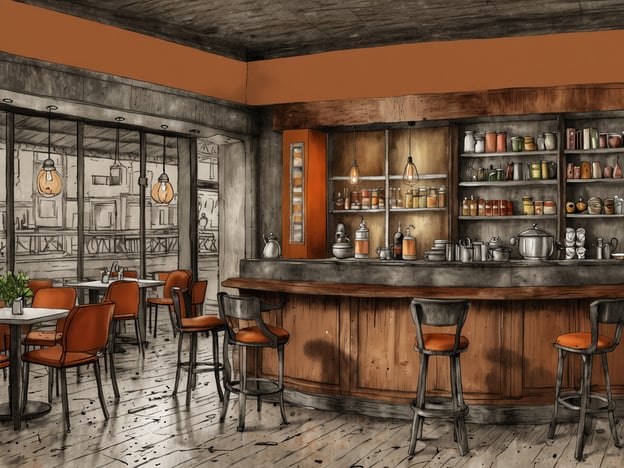 Auf dem Bild ist ein gemütliches Cafe oder eine Bar zu sehen. Die warmen Farben, insbesondere die orangefarbenen Akzente, schaffen eine einladende Atmosphäre. Es gibt runde und eckige Tische mit orangefarbenen Stühlen, die perfekt für einen entspannten Aufenthalt sind.Geheime Tipps:1. **Bequem Platz nehmen**: Die Stühle sind einladend und eignen sich hervorragend für längere Aufenthalte, vielleicht mit einem Buch oder einer Tasse Kaffee.2. **Die Regale durchstöbern**: Der Bartresen ist gut gefüllt mit Gläsern und Dosen – lass dich von den verschiedenen Getränken inspirieren. Es könnte spezielle Hausmischungen oder saisonale Angebote geben.3. **Fensterplatz wählen**: Wenn du die Möglichkeit hast, am Fenster zu sitzen, kannst du das Treiben draußen beobachten, was eine schöne Ergänzung zu deinem Aufenthalt ist.Versteckte Perlen: Schau dir die kleinen Pflanzen auf den Tischen an; sie bringen eine frische Note und könnten auch ein guter Gesprächsstarter mit anderen Gästen sein!