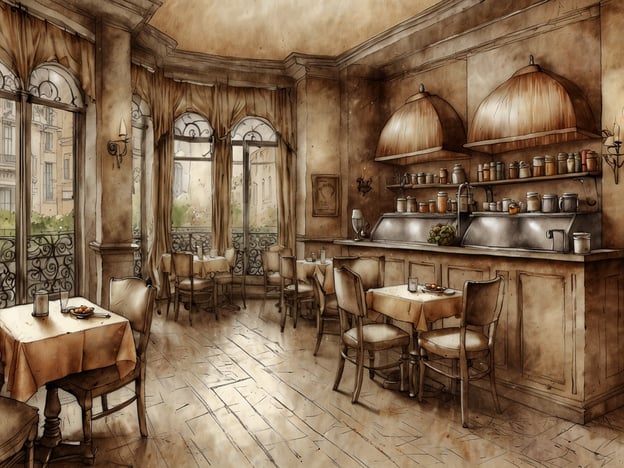 Auf dem Bild ist ein einladendes Café zu sehen, das mit warmen Farben und einer gemütlichen Atmosphäre gestaltet ist. Die Tische sind mit eleganten, beigefarbenen Tischdecken bedeckt, und einige haben kleine Gläser oder Dessertteller darauf, die möglicherweise süße Verführungen wie Törtchen oder Pralinen enthalten.Im Hintergrund sind große Fenster, durch die viel Licht strömt, und die Wände sind dekorativ mit Regalen aus Holz, auf denen verschiedene Gläser und Zutaten stehen. Der Raum strahlt eine entspannte und charmante Stimmung aus, ideal für eine Tasse Kaffee oder einen Nachmittags-Snack. Die Kombination aus diesen Elementen macht es zu einem perfekten Ort, um die süßen Köstlichkeiten zu genießen.