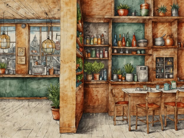 Auf dem Bild ist ein gemütlicher, einladender Raum zu sehen, der wie ein Café oder eine kleine Restaurantküche aussieht. Es gibt große Fenster, durch die viel Licht fällt, und Regale, die mit verschiedenen Pflanzen, Flaschen und Körben dekoriert sind.Für vegetarische und vegane Optionen könnte der Raum eine kleine Theke mit frischen Salaten, Smoothies, gekochtem Gemüse und vielleicht auch nicht-tierischen Snacks wie Hummus oder Nüssen anbieten. Auf dem Tisch könnten aromatische Tees oder pflanzliche Milchkaffees serviert werden. Pflanzen und Kräuter in Töpfen könnten ebenfalls zur veganen und vegetarischen Küche passen, da sie frisch zubereitete Speisen symbolisieren.