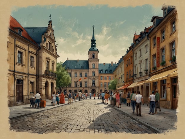 Auf dem Bild ist eine belebte Straße in einer charmanten Stadt zu sehen, vermutlich in einer historischen Umgebung. Im Hintergrund dominiert ein beeindruckendes Gebäude mit einem hohen Turm, das auf eine wichtige kulturelle oder öffentliche Institution hinweisen könnte. Die Architektur ist geprägt von gut erhaltenen, traditionellen Gebäuden, die eine einladende Atmosphäre schaffen.Diese Szenerie könnte gut in die Kultur- und Veranstaltungslandschaft von Weimar passen, einer Stadt, die für ihre reiche Geschichte in Kunst, Literatur und Wissenschaft bekannt ist. Weimar bietet zahlreiche kulturelle Veranstaltungen, darunter Theateraufführungen, Konzerte und Kunstausstellungen. Die lebendige Straßenkultur, die Menschen in bunten Kleidern und die engen Gassen erinnern an die inspirierende Umgebung, die viele Künstler und Denker im Laufe der Jahrhunderte angezogen hat.