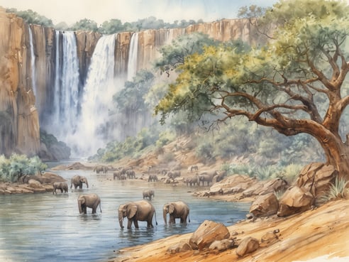 Eine malerische Landschaft zeigt mehrere Elefanten, die in einem ruhigen Gewässer stehen und trinken. Im Hintergrund sind majestätische Wasserfälle zu sehen, die mit einem sanften Sprühnebel umgeben sind. Dichte Bäume und Büschen säumen das Ufer, und im Vordergrund befinden sich große Steine und Sandflächen. Die gesamte Szene strahlt eine friedliche und natürliche Atmosphäre aus, die die Schönheit der sambischen Landschaft betont.