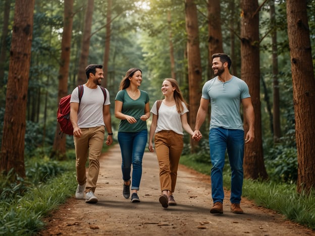 Auf dem Bild sind vier Personen zu sehen, die entspannt auf einem Waldweg spazieren. Dies könnte eine ideale Aktivität für Familien und Kinder sein, z.B.:1. **Familienausflug in die Natur**: Gemeinsames Wandern ist eine tolle Möglichkeit, Zeit im Freien zu verbringen und die Natur zu erkunden.2. **Naturerkundung**: Kinder können verschiedene Pflanzen und Tiere beobachten, was ihr Interesse an der Umwelt fördert.3. **Picknick im Wald**: Nach dem Wandern könnte ein gemütliches Picknick eine schöne Möglichkeit sein, die Natur zu genießen.4. **Spiele im Freien**: Man könnte Spiele wie Verstecken oder Schatzsuche spielen, die viel Spaß machen.5. **Foto-Safari**: Mit einer Kamera oder einem Handy können Familien gemeinsam Fotos von der Natur machen und die besten Aufnahmen später präsentieren.Diese Aktivitäten fördern nicht nur die Bewegung, sondern auch das Gemeinschaftsgefühl innerhalb der Familie.