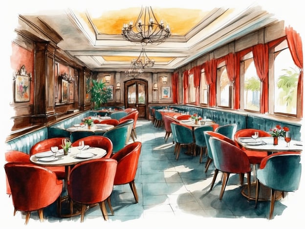 Auf dem Bild ist ein stilvolles Restaurant zu sehen. Die Inneneinrichtung besteht aus eleganten Tischen mit runden, bunter Polsterung, die eine gemütliche und einladende Atmosphäre schaffen. An den Tischen sind Weißgedecke sowie Blumenarrangements platziert, was auf ein gehobenes gastronomisches Erlebnis hinweist.
Die großen Fenster sind mit roten Vorhängen geschmückt und bieten einen Blick auf die Außenlandschaft, was das Ambiente zusätzlich auflockert. Die Wände sind mit kunstvollen Bildern dekoriert, und die Decke wird von einem Kronleuchter geschmückt. Die gesamte Gestaltung legt Wert auf Komfort und Stil, was auf eine gehobene Gastronomie hinweist, die ideal für besondere Anlässe oder romantische Abendessen ist.
Das Restaurant könnte Teil einer luxuriösen Unterbringungsmöglichkeit sein, die ihren Gästen sowohl hochwertige Speisen als auch eine ansprechende Atmosphäre bietet.