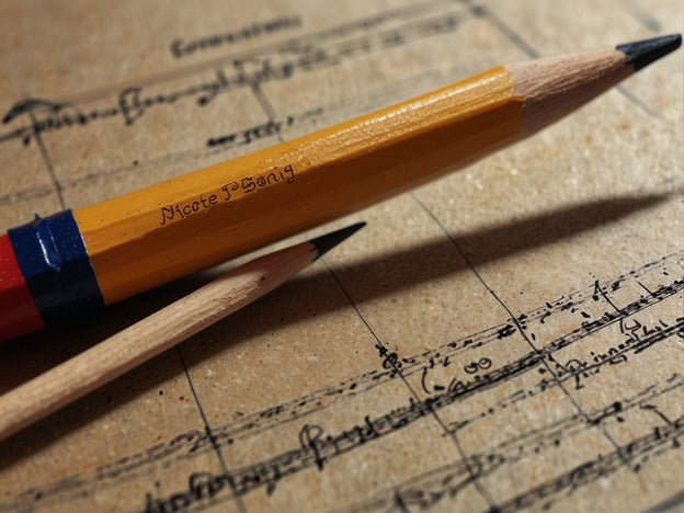 Auf dem Bild sind zwei Bleistifte, einer davon bunt und beschriftet, sowie ein Blatt mit musikalischen Noten zu sehen. Diese Darstellung kann im Kontext von Bildungsprogrammen und der Nachwuchsförderung als Symbol für Kreativität und Lernen interpretiert werden.Musikbildung spielt eine wichtige Rolle in der Entwicklung junger Menschen, da sie nicht nur kreative Fähigkeiten fördert, sondern auch das Bewusstsein für kulturelle Themen schärft. In vielen Bildungsprogrammen werden Musik und Kunst integriert, um Kindern und Jugendlichen die Möglichkeit zu geben, ihre Talente zu entdecken und zu entfalten. Solche Initiativen unterstützen die persönliche und soziale Entwicklung und tragen zur Stärkung von Gemeinschaften bei.