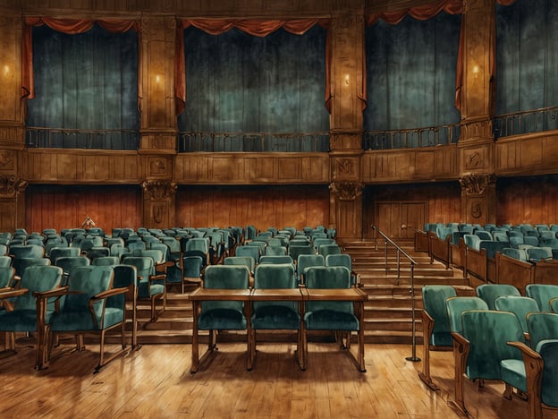 Auf dem Bild ist ein auffällig gestalteter Saal zu sehen, der an ein klassisches Veranstaltungszentrum erinnert. Die Anordnung der blauen Stühle und der hölzernen Tische vermittelt eine einladende Atmosphäre, die Besucher dazu anregen könnte, Platz zu nehmen und aktiv am Geschehen teilzunehmen.Die intime Szenerie lässt darauf schließen, dass hier möglicherweise Vorträge, Diskussionen oder Performances stattfinden. Besucher könnten durch das ansprechende Design und die Dekoration, wie die roten Vorhänge, emotional angesprochen und zum Austausch angeregt werden. Die Gestaltung fördert nicht nur die Beteiligung des Publikums, sondern schafft auch einen Raum für gemeinsames Erleben und Interaktion.Insgesamt könnte diese Umgebung dazu dienen, den Besuchern ein unvergessliches Erlebnis zu bieten, bei dem sie Teil von lebendigen Dialogen und kulturellen Veranstaltungen werden.