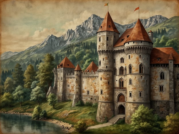 Auf dem Bild ist ein majestätisches Schloss zu sehen, eingebettet in eine malerische Landschaft mit Bergen im Hintergrund und einem Fluss im Vordergrund. Das Schloss hat beeindruckende Türme mit spitzen Dächern und eine steinerne Fassade, die von der Zeit gezeichnet ist.Schlösser wie dieses sind häufig von großer historischer Bedeutung. Sie wurden im Mittelalter erbaut, um als Schutz vor Angriffen zu dienen und zugleich die Macht und den Reichtum ihrer Eigentümer zu demonstrieren. Vor allem in Europa sind viele Schlösser bis heute erhalten geblieben und spiegeln verschiedene Architektur-Stile wider. Oft diente ein solches Schloss nicht nur als Wohnsitz, sondern auch als Zentrum für politische Machenschaften und gesellschaftliche Ereignisse. Es erzählt Geschichten von Königen, Kriegen und Frieden, die die Geschichte ihrer Länder geprägt haben.