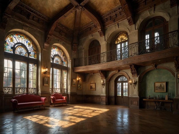 Auf dem Bild ist ein eleganter Innenraum eines Schlosses zu sehen, der durch mehrere architektonische Highlights besticht.1. **Buntglasfenster**: Die großen, kunstvollen Buntglasfenster, die Licht in verschiedenen Farben filtern, sind ein markantes Merkmal und schaffen eine stimmungsvolle Atmosphäre.2. **Hochwertige Holzverarbeitung**: Decke und Wände weisen aufwendige Holzverzierungen auf, die den historischen Charme und die Handwerkskunst des Schlosses betonen.3. **Geländer im Obergeschoss**: Das filigrane Eisen-Geländer am Balkon fügt eine elegante Note hinzu und ermöglicht den Blick auf den darunter liegenden Raum.4. **Beleuchtung**: Die Wandleuchten aus Gusseisen strahlen ein warmes Licht aus und unterstreichen die anmutige Gestaltung des Raumes.5. **Fußboden**: Der glänzende Holzfußboden verleiht dem Raum eine warme und einladende Ausstrahlung, während die Schatten der Möbel und Fenster ein interessantes Spiel mit dem Licht erzeugen.Insgesamt vermittelt der Raum ein Gefühl von opulenter Eleganz und historischer Bedeutung.