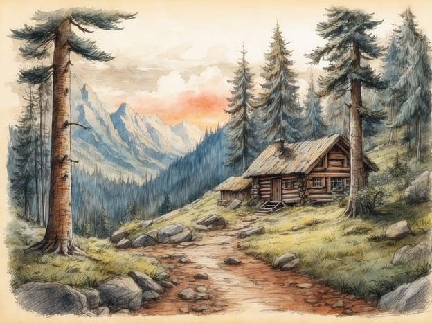 Auf dem Bild ist eine malerische Landschaft mit einer kleinen Holzhaushütte zu sehen, umgeben von hohen Bäumen und einem hügeligen Gelände. Die Berge im Hintergrund deuten auf eine alpine Gegend hin, während der Himmel in sanften Farben leuchtet.In der Geschichte des GreenWood Family Parks könnte dieses Bild die idyllische Atmosphäre repräsentieren, die Besucher anzieht, um die Natur zu genießen. Der Park bietet zahlreiche Aktivitäten für Familien, darunter Wanderwege und Erlebnisse in der Natur. Die dargestellte Hütte könnte ein Ort der Erholung oder eine Unterkunft für Abenteuerlustige symbolisieren, die den Park erkunden möchten. Solche Bilder wecken Erinnerungen an gemeinsame Ausflüge und das Zusammensein in der Natur, was das Herzstück eines Familienausflugs im GreenWood Family Park bildet.