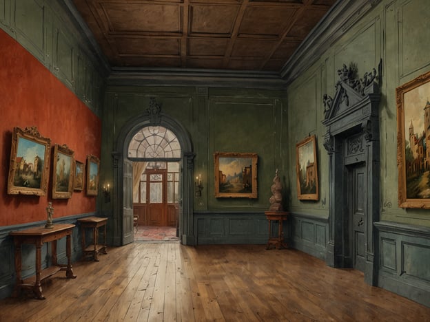 Das Museum Neues Weimar entdecken.Auf dem Bild ist ein eleganter Innenraum eines Museums oder einer Galerie zu sehen. Die Wände sind in einem sanften Grünton gehalten, wobei eine Seite rot gestrichen ist. An den Wänden hängen mehrere gerahmte Gemälde, die Szenen der Landschaft oder Architektur zeigen. In der Mitte des Raumes stehen zwei Tische aus Holz, und der Boden ist aus Dielen, die ihm einen traditionellen Charakter verleihen. Durch einen großen Torbogen sieht man eine weitere Tür und natürliche Lichtstrahlen, die durch ein Fenster im Hintergrund scheinen. Der Raum strahlt eine ruhige und kultivierte Atmosphäre aus, die typisch für ein Museum ist.