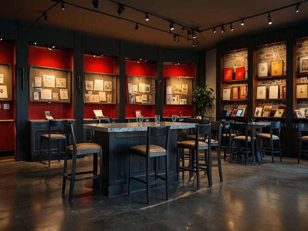 Auf dem Bild ist ein stilvoll eingerichteter Raum zu sehen, der vermutlich als Café oder Ausstellungsgelände genutzt wird. Die Wände sind in einem dunklen Design mit roten Akzenten gehalten, und es gibt mehrere Wandregale mit gerahmten Bildern und Dokumenten. In der Mitte steht ein großer Tisch mit Stühlen, und die Beleuchtung sorgt für eine angenehme Atmosphäre.Wenn du diesen Ort besuchen möchtest, könntest du folgende praktische Informationen in Betracht ziehen:1. **Öffnungszeiten**: Informiere dich über die Öffnungszeiten, um sicherzustellen, dass der Raum geöffnet ist, wenn du planst, ihn zu besuchen.2. **Eintrittspreise**: Überprüfe, ob es Eintrittspreise gibt, insbesondere wenn es sich um eine Ausstellung handelt.3. **Angebotene Speisen/Getränke**: Falls es sich um ein Café handelt, schaue nach, ob sie spezielle Angebote oder Menüs haben.4. **Zugänglichkeit**: Achte darauf, ob der Ort barrierefrei ist, falls du besondere Bedürfnisse hast.5. **Veranstaltungen**: Informiere dich über spezielle Veranstaltungen oder Ausstellungen, die während deines Besuchs stattfinden könnten.Viel Spaß beim Besuch!