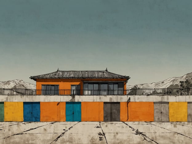 Auf dem Bild ist ein modernes Gebäude zu sehen, das in einem klaren, minimalistischen Design gestaltet ist. Die orangefarbene Fassade und die großen Fenster verleihen dem Bau einen zeitgemäßen Charakter. Das Dach hat traditionelle Elemente, die an klassische asiatische Architektur erinnern, wie die geschwungenen Linien und die verzierte Dachform.Im Vordergrund gibt es eine Wand mit mehreren Garagentoren in verschiedenen Farben, die einen lebendigen Kontrast zur Architektur des Hauses bieten. Diese Farbgebung könnte als modernes Designelement betrachtet werden, das das Gesamtbild auflockert und Dynamik verleiht. Im Hintergrund sind sanfte Hügel zu sehen, die auf eine natürliche Umgebung hinweisen.Zusammenfassend vereint das Bild klassische und moderne Designelemente, was zu einer harmonischen und ansprechenden Ästhetik führt.