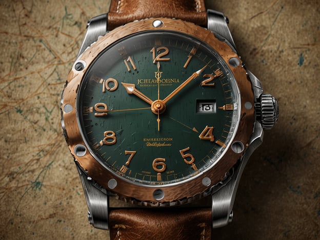 Auf dem Bild ist eine elegante Armbanduhr zu sehen. Diese Uhr kombiniert traditionelle Handwerkskunst mit moderner Technologie. Das Ziffernblatt ist in einem tiefen Grünton gehalten und setzt sich von dem auffälligen Gehäuse aus Edelstahl und Kupfer ab. Die markanten, bronzefarbenen Ziffern und Zeiger verleihen der Uhr eine rustikale und gleichzeitig stilvolle Ästhetik.Der Gehäuserand weist eine interessante Textur auf, was auf eine hochwertige Verarbeitung hinweist. Die Kombination aus dem Lederarmband und dem metallischen Gehäuse zeigt eine harmonische Verbindung von Materialien, die sowohl Funktionalität als auch Design betont. Insgesamt spiegelt diese Uhr eine meisterhafte Gestaltung und technische Präzision wider.