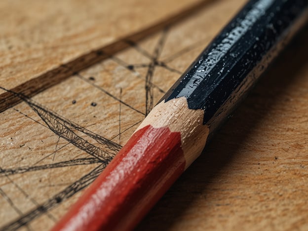 Auf dem Bild ist ein Bleistift zu sehen, der auf einem Holzuntergrund liegt. Der Bleistift hat eine rote und eine schwarze Farbe, wobei der Holzgriff sichtbar ist. Neben dem Bleistift erkennt man einige Linien und Skizzen, die auf die Verwendung von Zeichenmaterial hindeuten.Ein Blick hinter die Kulissen: Die Produktion zeigt, wie kreative Prozesse stattfinden. Das Werkzeug, in diesem Fall der Bleistift, ist essenziell für Künstler und Designer, um Ideen zu skizzieren und zu visualisieren. Der Untergrund, der rustikal wirkt, unterstreicht die handwerkliche Atmosphäre solcher kreativen Arbeiten.
