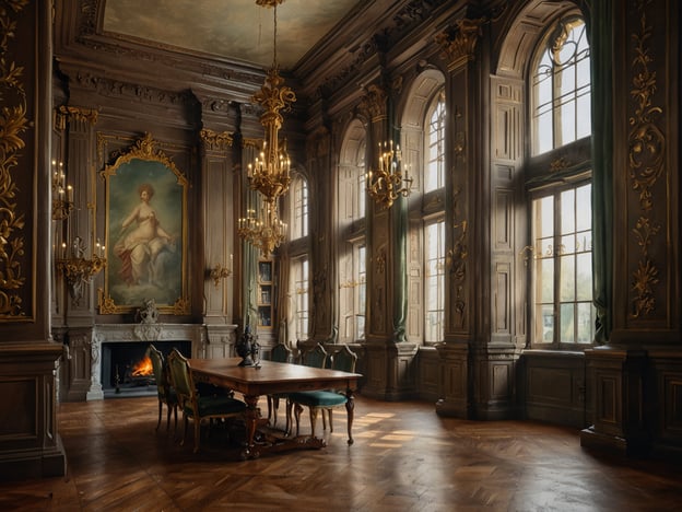 Auf dem Bild ist ein prachtvoll gestalteter Raum zu sehen, der durch seine architektonischen Highlights besticht. Die hohen Decken sind kunstvoll verziert, und die großen Fensterelemente lassen viel Licht herein. Wände aus dunklem Holz sind mit reichhaltigen Verzierungen und goldenen Details geschmückt, was dem Raum eine elegante Atmosphäre verleiht.Ein zentraler Punkt des Raumes ist der große Tisch, umgeben von exquisiten Stühlen, die in sattem Grün gehalten sind. Deckenleuchter aus Metall hängen von der Decke und sorgen für eine festliche Beleuchtung. An einer Wand hängt ein beeindruckendes Gemälde, das den Raum zusätzlich aufwertet. In der Ecke ist ein Kamin zu sehen, der dem Raum eine gemütliche Note verleiht. Die Kombination aus klassischer Eleganz und opulenter Gestaltung schafft eine Atmosphäre von Luxus und Historie.