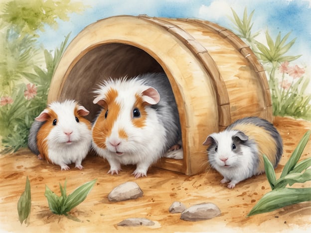 Drei Meerschweinchen sitzen vor einem kleinen Holzhaus, das in einer grünen, blühenden Umgebung platziert ist. Zwei der Meerschweinchen sind hauptsächlich orange und weiß, während das dritte eine graue und orange Farbgebung hat. Die Tiere wirken neugierig und freundlich, umgeben von sanftem, sandigem Boden und einigen Pflanzen. Der Himmel im Hintergrund ist hellblau mit einigen Wolken, was eine einladende und fröhliche Atmosphäre schafft.