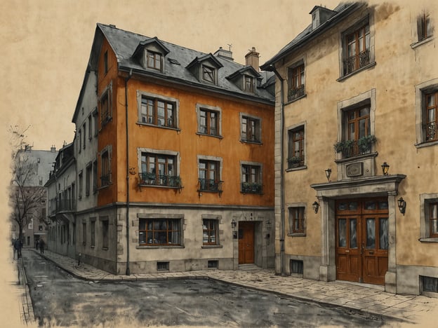 Warum die Jugendherberge Weimar?Auf dem Bild ist eine malerische Straßenszene zu sehen, die zwei interessante Gebäude zeigt. Das linke Gebäude ist in einem warmen Orange-Ton gehalten, während das rechte Gebäude in neutralen Farbtönen gestaltet ist. Beide Häuser haben Fenster mit Blumenkästen und zeigen charakteristische Details wie Erker und hohe Dächer. Die Straße ist ruhig, mit einer baumlosen Landschaft und ein paar Passanten, die gemächlich entlanggehen. Diese Szene strahlt eine charmante, historische Atmosphäre aus, die typisch für viele europäische Städte ist.