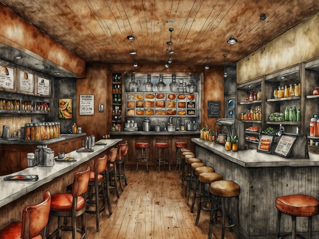 Auf dem Bild ist ein gemütliches Café oder eine Bäckerei zu sehen. Die Einrichtung ist warm und einladend, mit Holzmöbeln und einer ansprechenden Theke. An der Wand hängen Menütafeln, und es gibt eine Auswahl an abgefüllten Getränken und frischen Produkten in Regalen.Kulinarisch bietet die Lokalität vermutlich frisch gebackene Brote, verschiedene Snacks und möglicherweise auch gesunde Getränke wie Säfte. Die Atmosphäre ist ideal für einen entspannten Aufenthalt, sei es für ein Frühstück oder einen Nachmittagssnack.