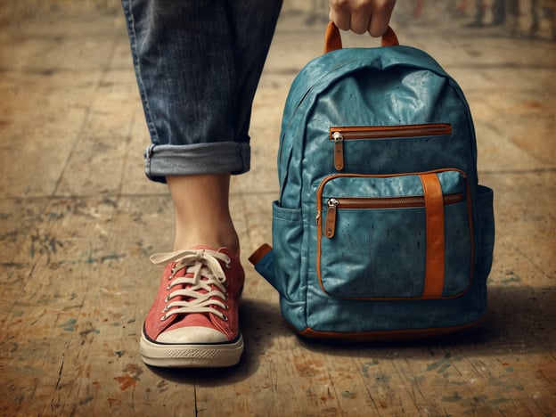 Auf dem Bild ist eine Person zu sehen, die einen blauen Rucksack in der Hand hält. Sie trägt eine lässige Outfit, bestehend aus einem T-Shirt und ausgebeulten Jeans, die an den Knöcheln umgeschlagen sind. Ihre Schuhe sind rot mit weißen Schnürsenkeln.**Praktische Informationen und Tipps:**1. **Rucksackwahl:** Achte darauf, dass der Rucksack gut gepolstert ist und genügend Platz für deine Dinge bietet, besonders wenn du ihn täglich nutzt.2. **Kombination mit Outfit:** Ein Rucksack sollte sowohl funktional als auch modisch sein. Achte darauf, dass die Farben und der Stil gut zu deiner Kleidung passen.3. **Pflege deiner Schuhe:** Halte deine Sneakers sauber und bringe sie regelmäßig in Form, um den besten Eindruck zu hinterlassen.4. **Komfort:** Wenn du viel zu Fuß unterwegs bist, sind bequeme Schuhe und ein gut sitzender Rucksack wichtig, um Rückenschmerzen zu vermeiden.5. **Stabilität:** Vor dem Kauf von Schuhen oder Rucksäcken teste immer, wie sie sich anfühlen und ob sie stabil genug sind für deinen Einsatzbereich.Diese Aspekte helfen dir, sowohl im Alltag als auch bei Aktivitäten gut ausgerüstet zu sein.