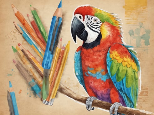 Ein lebendiger und bunter Papagei sitzt auf einem Ast vor einem beige Hintergrund. Um ihn herum liegen zahlreiche Buntstifte in verschiedenen Farben, die kreativ angeordnet sind. Der Papagei hat ein leuchtend rotes Gefieder mit grünen und blauen Federn, während seine Brust einen violetten Farbton zeigt. Der Gesichtsausdruck des Papageis vermittelt Lebhaftigkeit und Neugier.