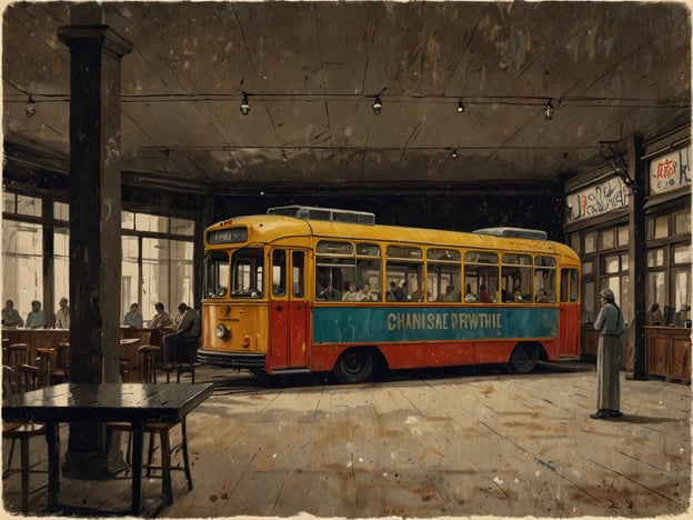 Auf dem Bild ist eine historische Straßenbahn zu sehen, die in einem großen Raum steht. Der Raum wirkt wie ein Café oder eine Gaststätte, in dem viele Personen an Tischen sitzen und sich unterhalten. Die Straßenbahn hat eine lebendige gelbe und rote Farbe.**Praktische Informationen für deinen Besuch:**1. **Öffnungszeiten**: Überprüfe die Öffnungszeiten des Cafés oder der Einrichtung, in der die Straßenbahn steht. Diese können variieren, insbesondere an Feiertagen.2. **Anfahrt**: Informiere dich über die besten Verkehrsanbindungen, um sicherzustellen, dass du die Location bequem erreichen kannst. Eine Straßenbahn- oder Bushaltestelle in der Nähe wäre ideal.3. **Reservationsoptionen**: Falls du planst, zu essen oder zu trinken, erkundige dich, ob eine Reservation erforderlich ist, besonders an Wochenenden oder Feiertagen.4. **Besondere Events**: Achte auf spezielle Veranstaltungen oder Ausstellungen, die möglicherweise stattfinden, da dies deinen Besuch bereichern könnte.5. **Fotomöglichkeiten**: Der Ort bietet wahrscheinlich viele fotogene Motive, also vergiss nicht, deine Kamera oder dein Smartphone mitzubringen.Viel Spaß bei deinem Besuch!