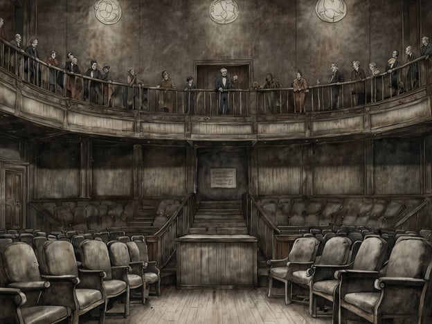 Auf dem Bild ist ein Saal zu sehen, der eine beeindruckende, historische Atmosphäre ausstrahlt. Er scheint ein Gerichtssaal oder ein Versammlungsraum zu sein, mit einer erhöhten Plattform in der Mitte, auf der sich vermutlich der Sprecher oder ein Richter befindet. Um den Raum herum stehen Zuschauer auf einem Balkon und beobachten das Geschehen.Besondere Highlights und Events 2023 könnten sich um Themen wie Rechtsprechung, gesellschaftliche Debatten oder kulturelle Veranstaltungen drehen, die in solch einem Raum stattfinden. Beispielsweise könnte dies der Ort gewesen sein, an dem wichtige Gerichtsverfahren oder öffentliche Anhörungen abgehalten wurden, die für die Gesellschaft von Bedeutung sind. Auch historische Rückblicke auf bedeutende Gerichtsverfahren oder die Auseinandersetzung mit rechtlichen Fragen, die in 2023 relevant wurden, könnten in einem solchen Kontext diskutiert worden sein.