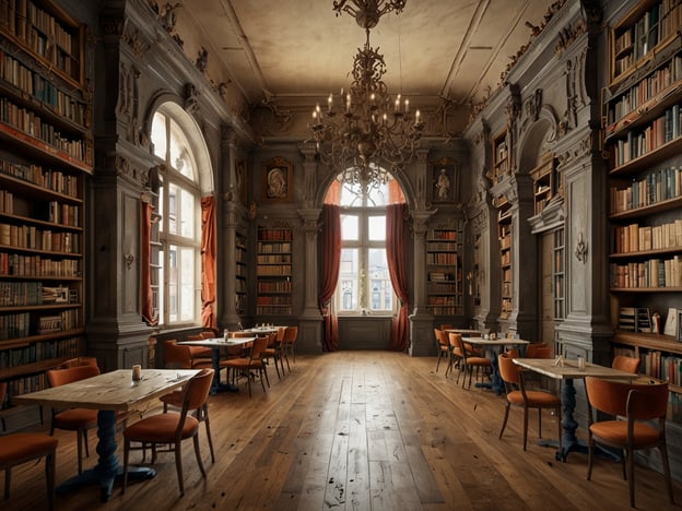 Auf dem Bild ist eine elegante Bibliothek zu sehen, die einen nostalgischen und kunstvollen Charakter hat. Die Architektur zeichnet sich durch hohe Decken, prunkvolle Fenster und geschmackvolle Verzierungen an den Wänden aus.Die Wände sind mit Bücherregalen gefüllt, die eine Vielzahl an Büchern beherbergen, während große Fenster viel Licht hereinlassen. Prächtige, rote Vorhänge verleihen dem Raum eine gemütliche Atmosphäre.Es gibt mehrere Tische und Stühle, die zum Verweilen einladen, was die Bibliothek zu einem attraktiven Ort zum Lesen und Entspannen macht. Ein großer Kronleuchter sorgt für eine stilvolle Beleuchtung. Zusammen schaffen diese Elemente eine beeindruckende und einladende Umgebung.