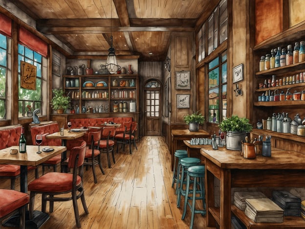 Auf dem Bild ist ein gemütliches Restaurant zu sehen, das einladend und rustikal gestaltet ist. Die Innenausstattung zeigt Holzwände und -böden sowie rote gepolsterte Sitzbänke und Tische, die eine warme Atmosphäre schaffen. An den Wänden befinden sich Regale mit verschiedenen Küchenutensilien und Gewürzen, was auf eine Leidenschaft für gutes Essen hinweist.Die Tische sind für Gäste gedeckt, und es gibt Weingläser, was darauf hindeutet, dass hier auch Wein serviert wird. Insgesamt vermittelt der Raum den Eindruck eines freundlichen und einladenden Gastronomiebetriebs, ideal für ein entspanntes Essen oder ein Treffen mit Freunden.