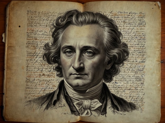 Auf dem Bild ist eine illustrierte Darstellung eines Mannes zu sehen, die auf einer aufgeklappten Buchseite angebracht ist. Diese Seiten scheinen handschriftliche Notizen und Texte zu enthalten, die an verschiedene literarische Werke oder philosophische Überlegungen erinnern. Solche Manuskripte könnten Teil eines bedeutenden literarischen Werkes sein, das historische Gedanken oder literarische Strömungen dokumentiert.Die Präsentation von Buchseiten mit Skizzen oder Porträts könnte die Beziehung zwischen Autor und Text verdeutlichen und an berühmte literarische Sammlungen erinnern, die Wissen und Inspiration festhalten, wie beispielsweise Goethes "Faust" oder Kants philosophische Schriften. Solche Darstellungen zeigen oft die Synthese von Gedanken und Kunst, wie sie in den Werken der Aufklärung oder der Romantik vorkommen.
