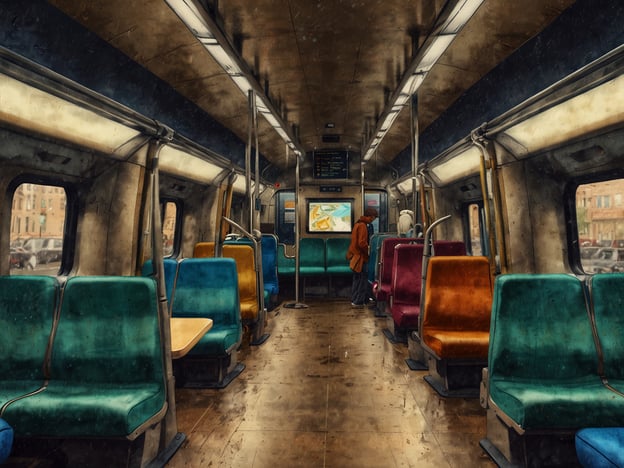 Auf dem Bild ist das Innere eines Zuges oder einer U-Bahn zu sehen. Es gibt verschiedene farbige Sitze, einen Fensterplatz und einen Bildschirm, der möglicherweise Fahrpläne oder Routen anzeigt.Für Pendler und Reisende ist dies ein wichtiger Ort, um sich zu entspannen, die Reise zu planen oder einfach die Zeit bis zur Ankunft am Ziel zu vertreiben. Die leeren Sitze könnten auch auf weniger belebte Zeiten hinweisen, was für viele Nutzer von Vorteil ist, um eine angenehmere Fahrt zu erleben.