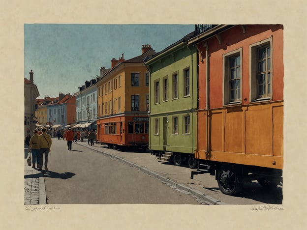 Auf dem Bild ist eine lebhafte Straßenszene zu sehen, die von farbenfrohen Gebäuden und einer Straßenbahn geprägt ist. Diese Darstellung könnte einen historischen Kontext zur Kultur und zum Stadtleben in Weimar bieten.Das Kunstfest Weimar hat seine Wurzeln in der literarischen und künstlerischen Blütezeit der Stadt, die besonders im 18. und 19. Jahrhundert florierte, als bedeutende Persönlichkeiten wie Goethe und Schiller dort wirkten. Es wird oft als Plattform für zeitgenössische Kunst, Musik und Theater genutzt, und spiegelt die reiche kulturelle Geschichte der Stadt wider.Die Atmosphäre des Bildes, kombiniert mit der lebhaften Fußgängerstraße und den bunten Häusern, könnte die Offenheit und Kreativität symbolisieren, die das Kunstfest fördert. Weimar als Kulturstadt steht für ein Zusammenkommen von Tradition und moderne Kunst, was ebenfalls in der Präsentation einer solchen Szene zum Ausdruck kommt.