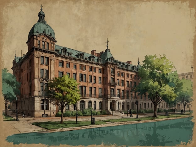 Auf dem Bild ist ein historisches Gebäude zu sehen, das typischerweise aus Ziegeln erbaut ist und eine markante Dachstruktur hat. Es handelt sich wahrscheinlich um ein ehemalige Hotel oder eine öffentliche Institution, da die Architektur auf eine gewisse Prunkhaftigkeit hinweist. Die Umgebung ist grün mit Bäumen und einem Kanal oder einer Wasserfläche, die sich vor dem Gebäude erstreckt.Solche Gebäude findet man oft in städtischen Lagen, wie in historischen Stadtzentren oder an schönen Uferpromenaden. Es könnte sich also um einen Veranstaltungsort handeln, der für gesellschaftliche Anlässe genutzt wird, wie zum Beispiel eine Galerie oder ein Forum für kulturelle Events.