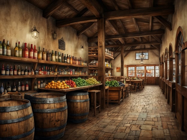 Auf dem Bild ist eine rustikale Markthalle oder ein Lebensmittelgeschäft zu sehen, das mit Regalen voller Weine und Spirituosen sowie frischem Obst und Gemüse ausgestattet ist.In Weimar gibt es viele kulinarische Erlebnisse, die sich um frische, regionale Produkte drehen. Die Stadt bietet zahlreiche Märkte, wo man lokale Erzeugnisse kaufen kann, darunter Obst und Gemüse von umliegenden Bauern. Außerdem sind Weimarer Restaurants bekannt für ihre traditionelle Thüringer Küche, mit Gerichten wie Thüringer Klößen und Bratwürsten, die oft mit regionalen Weinen kombiniert werden.Das Ambiente erinnert an die Gemütlichkeit heimischer Märkte, wo Gastfreundschaft und regionale Kulinarik im Mittelpunkt stehen.