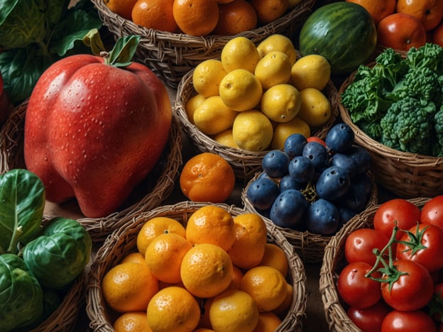 Auf dem Bild sind verschiedene frische Produkte aus der Region zu sehen. Es gibt viele Obst- und Gemüsesorten, darunter:- Rote Paprika- Zitronen- Orangen- Klementinen- Blaubeeren- Trauben- Tomaten- Brokkoli- Grünes BlattgemüseDie Produkte sind in kleinen, geflochtenen Körben arrangiert, was einen ansprechenden, bunten Eindruck vermittelt.