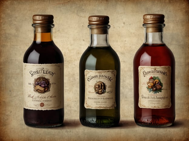 Auf dem Bild sind drei Flaschen zu sehen, jede mit einem kunstvoll gestalteten Etikett. Die Flaschen enthalten verschiedene Spezialitäten:1. **Die erste Flasche** hat einen dunkelbraunen Inhalt und scheint eine delikate Kombination aus Trauben und vielleicht einem feinen Likör zu sein. Die fruchtige Note verspricht ein süßes Geschmackserlebnis.2. **Die mittlere Flasche** ist grün und könnte ein Kräuter- oder Gewürzlikör sein, der für seine aromatischen Eigenschaften geschätzt wird. Solche Spezialitäten sind oft ein Highlight in der gehobenen Gastronomie.3. **Die dritte Flasche** enthält einen dunklen, wahrscheinlich süßen Likör mit einer fruchtigen Note, eventuell auf der Basis von Beeren oder einem ähnlichen Obst, was ebenfalls eine exquisite Delikatesse darstellt.Zusammen ergeben diese Flaschen eine feine Auswahl an Likören, die perfekt für Feinschmecker sind, die außergewöhnliche Geschmäcker zu schätzen wissen.