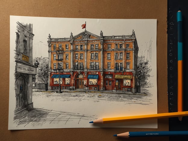 Auf dem Bild ist eine farbenfrohe Zeichnung eines Gebäudes zu sehen, das eine einladende Atmosphäre ausstrahlt. Die Fassade ist orange, und es gibt Schilder und Fenster mit blauer Bepflanzung. Die Umgebung scheint urban zu sein, mit einer Mischung aus Architektur und kleinen Details wie Straßenlaternen.Wenn du in Weimar bist, kannst du mit der Weimar Card von diversen Vorteilen profitieren, wie zum Beispiel:1. **Rabatte auf Eintrittspreise** für Museen und Sehenswürdigkeiten, sodass du mehr über die Stadtgeschichte und Kultur erfahren kannst.2. **Ermäßigungen bei Führungen**, die dir helfen, mehr über die Architektur und das Erbe von Weimar zu entdecken.3. **Kostenlosen Zugang zu öffentlichen Verkehrsmitteln**, um bequem von einem Ort zum anderen zu gelangen.4. **Rabatte in ausgewählten Restaurants und Geschäften**, was dir ermöglicht, die lokale Küche und Produkte kostengünstig zu genießen.Diese Vorteile machen einen Besuch in Weimar besonders attraktiv!