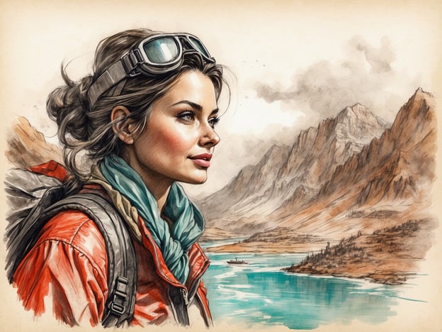 Auf dem Bild ist eine weibliche Figur zu sehen, die einen abenteuerlichen Ausdruck hat und sich in einer beeindruckenden Landschaft befindet. Sie trägt eine rote Jacke und eine Skibrille auf dem Kopf, was darauf hindeutet, dass sie sich in einem kühlen, möglicherweise bergigen Gebiet aufhält. Hinter ihr erstrecken sich majestätische Berge und ein ruhiger, türkisfarbener Fluss, was eine friedliche, aber gleichzeitig abenteuerliche Atmosphäre ausstrahlt. Dieses Bild könnte gut in die Zukunft von Gulliver's World passen, wo Charaktere stets neue und unerforschte Landschaften entdecken und sich Herausforderungen stellen. Die Kombination aus Abenteuerlust und natürlicher Schönheit spiegelt den Geist dieser Welt wider.