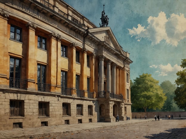 Auf dem Bild ist ein imposantes Gebäude mit klassizistischer Architektur zu sehen, das durch Säulen und Verzierungen charakterisiert wird. Vor dem Gebäude sind einige Spaziergänger abgebildet, während im Hintergrund Bäume und ein blauer Himmel mit Wolken zu sehen sind.Dieses Bild könnte in den Kontext der Weimarer Klassik eingeordnet werden, einer kulturellen Blütezeit des späten 18. und frühen 19. Jahrhunderts, die von einem Streben nach Harmonie, Schönheit und humanistischen Idealen geprägt war. In dieser Zeit arbeiteten bedeutende Schriftsteller und Denker wie Johann Wolfgang von Goethe und Friedrich Schiller, die auf klassizistische Ästhetik setzten und den Menschen und seine Beziehung zur Natur in den Mittelpunkt ihrer Werke stellten.